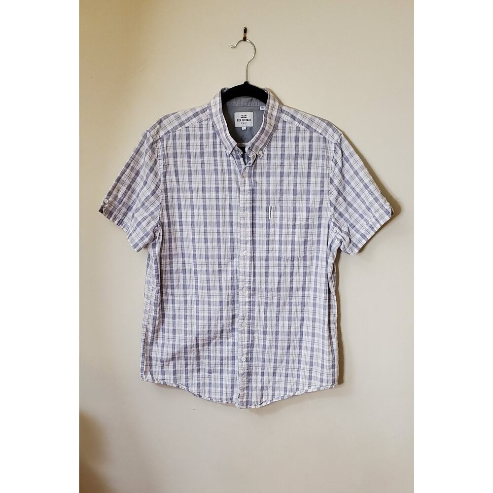 Ben Sherman Short Sleeve Button Down‎ Men's Plaid Check Shirt Blue/Cream Size L